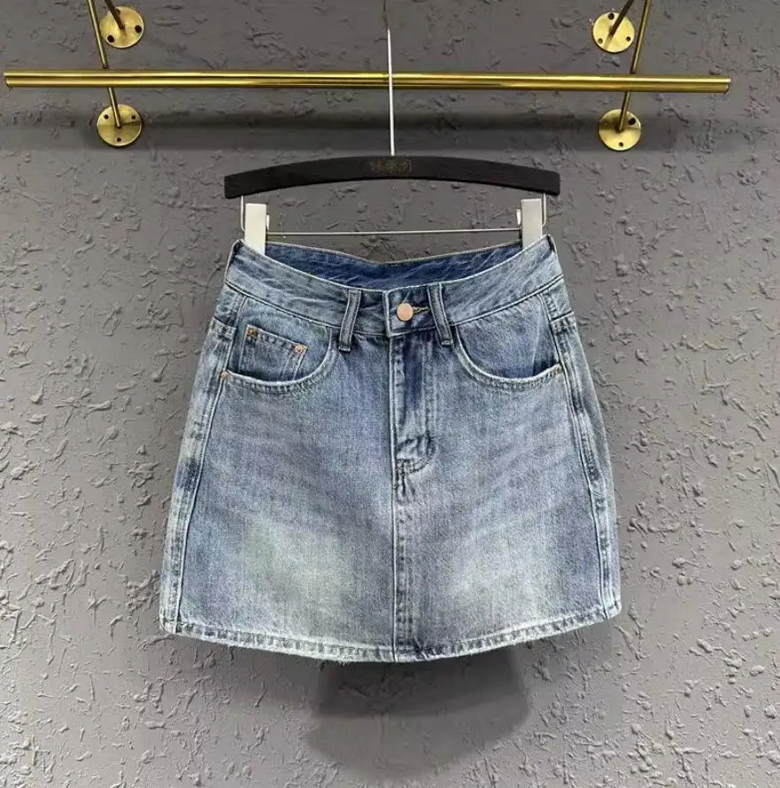 Personalized Pocket Tassels Design Denim Skirt Women\'s 2023 Summer New High Waist Slim A-line Wrap Hip Short Skirt q639