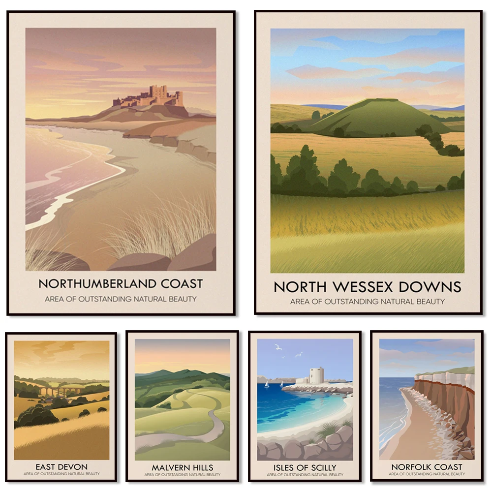 AONB travel poster, Isles of Scilly, East Germany, Quantock Hills, Affishropshire Mountains, Kent Downs Mountain Resort, vintage