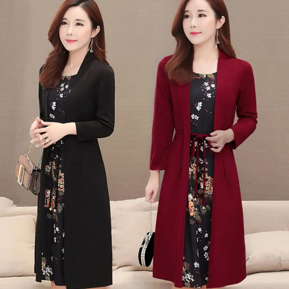 Women Dress Flower Print Fake Two Pieces Cardigan Midi Dress Long Sleeve Lace-up Waist Tight Autumn Midi Dress Two Piece Set