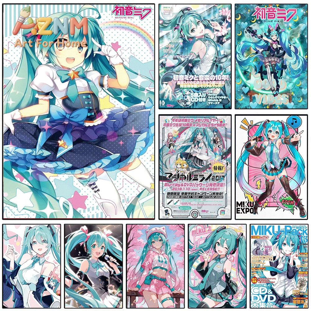 AZNM Hatsune Miku Diverse Themed Canvas Painting, Frameless Canvas Wall Art, Virtual Singer Anime Wall Painting for Bedroom Li