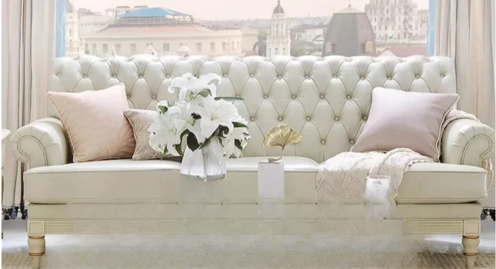 

Italian medieval solid wood leather sofa living room modern simple sofa