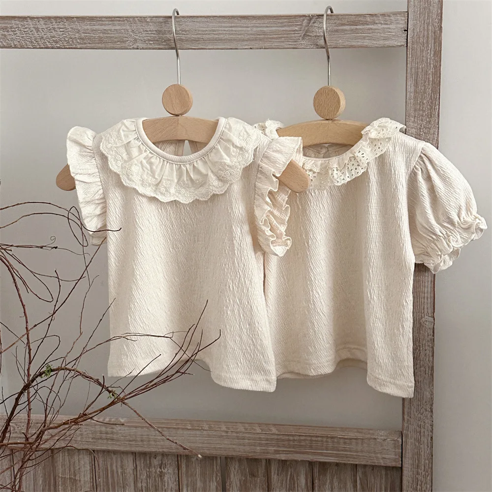 6M-2Y Summer Sweet Style Baby Girls Tee Lace Collar Flutter Sleeve Top Apricot Puff Sleeve Infant Clothes