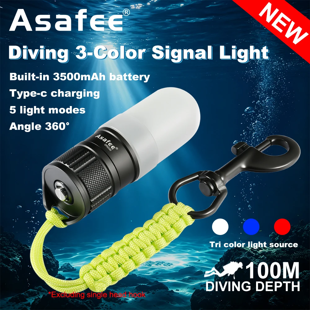 Asafee DR200 4000LM Diving Signal Light White/Blue/Red Cave Diving Light Built-in Battery Waterproof 100m For Wreck Exploration