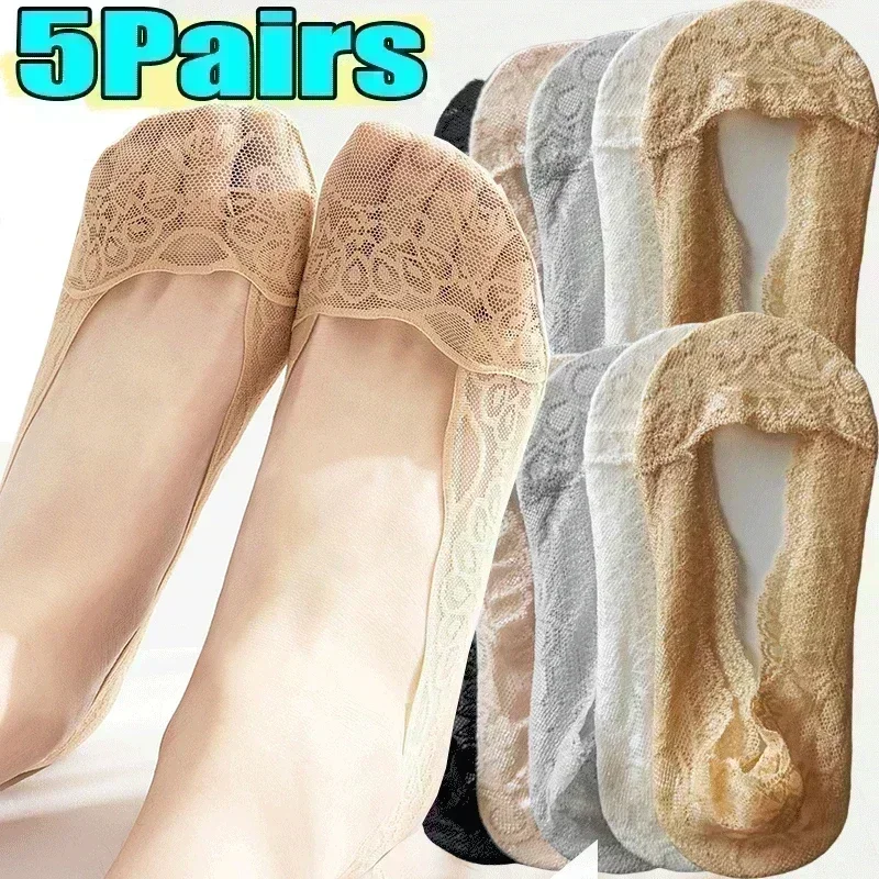 

5Pairs Women Boat Socks Summer Slippers Non-slip Breathable Lace Lace Invisible Sock Sexy Non-slip Cool Thin Socks Fashion Sock