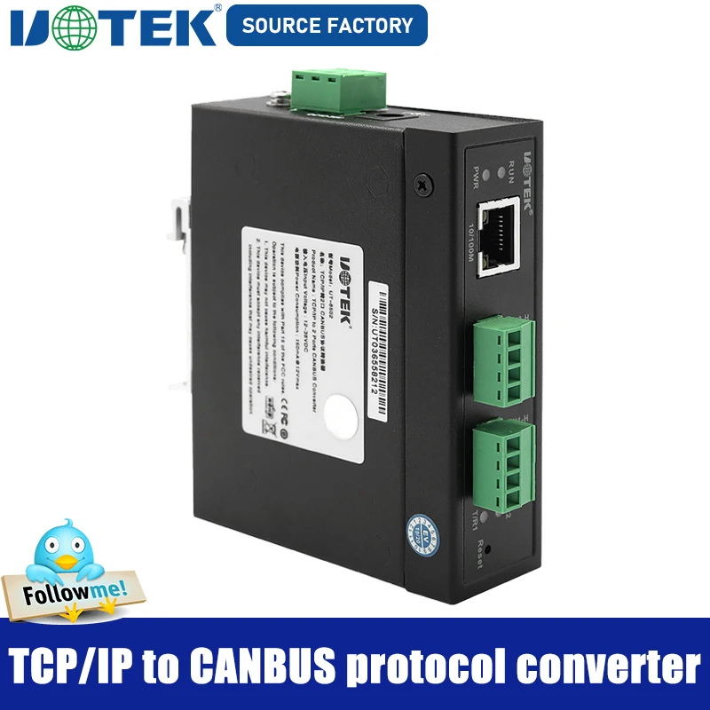 

UOTEK Industrial 100M CAN BUS to Ethernet Converter with Protocol RJ45 TCP IP to 2 Ports Canbus Adapter Connector UT-6502