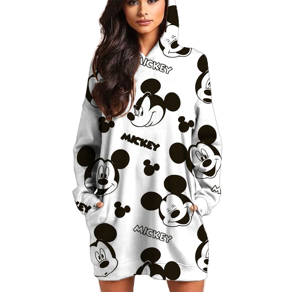 Street Women Sweatshirts Disney Minnie Mickey Mouse print Hoodies Crewneck Loose Pullover Female Tops Clothes Dress