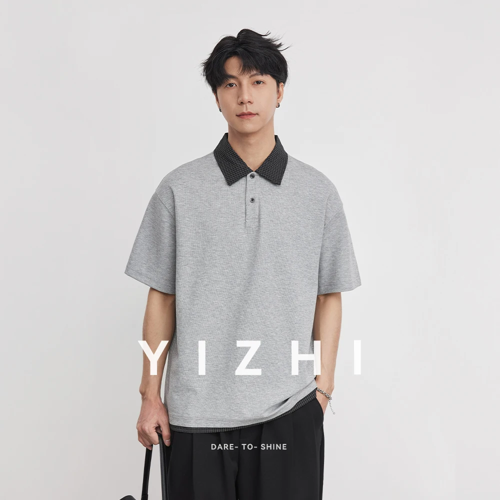 Heavy 230g American Retro Plaid Lapel Polo Shirt Men's 2026 Spring Fake Two-piece High-end T-shirt