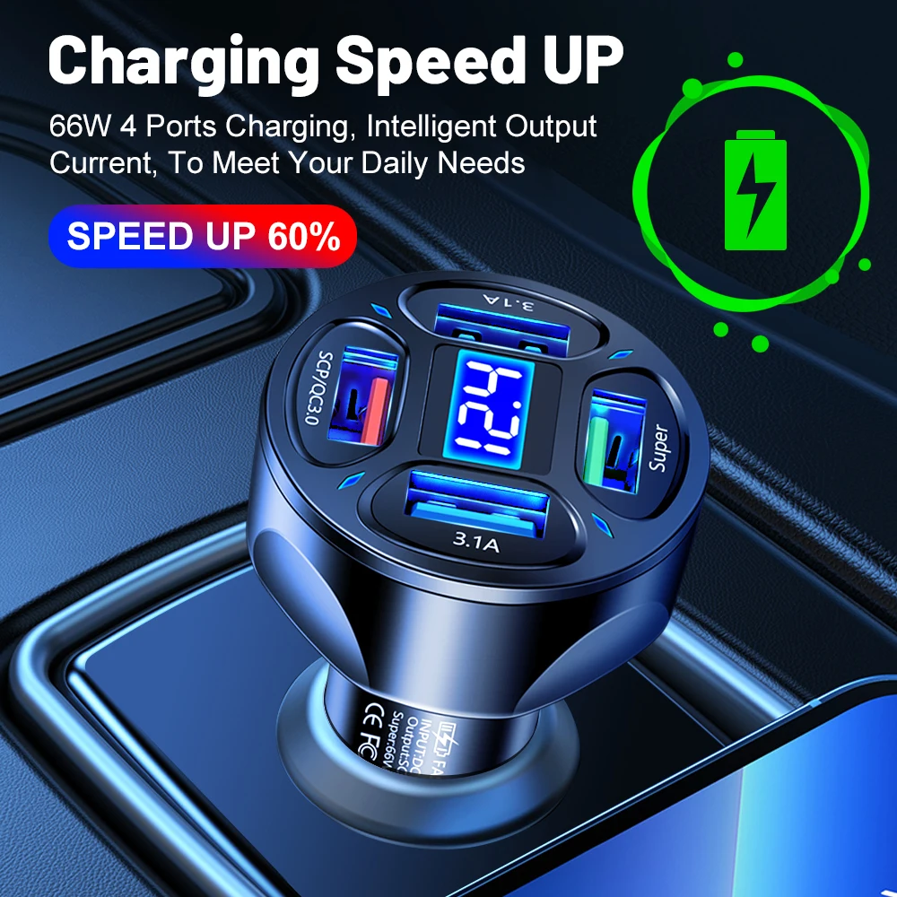 66W 4 USB Car Charger QC 3.0 Fast Charging Auto Mobile Phone Adapter with Voltage Display For iPhone Samsung Huawei Xiaomi