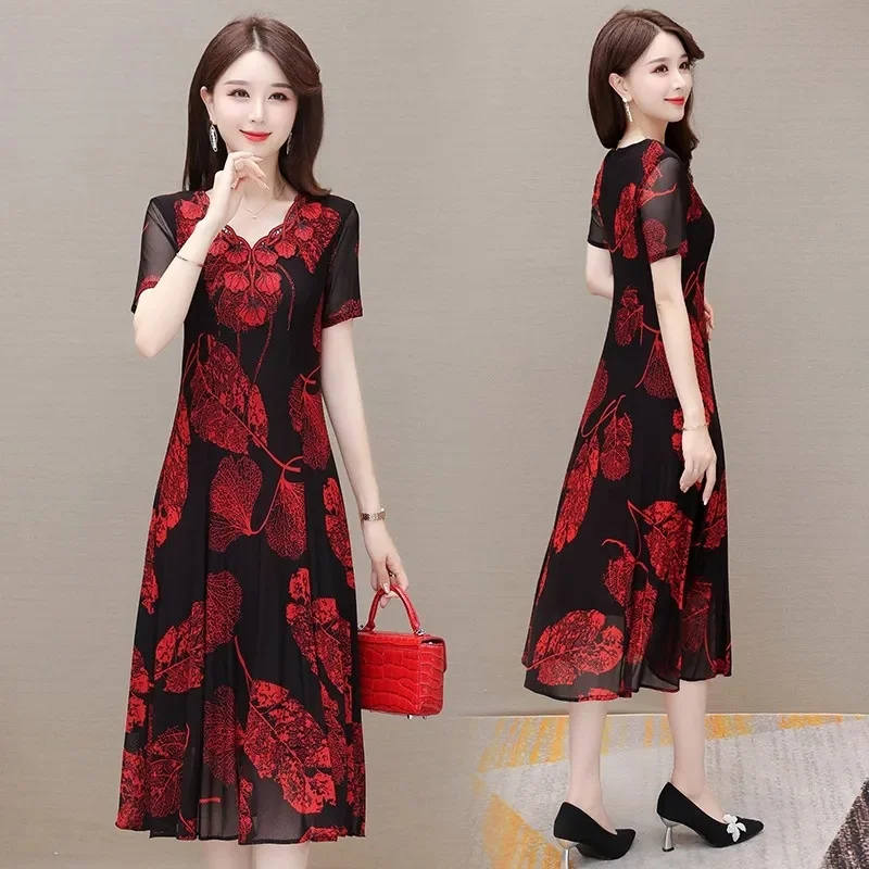 2023 Summer Women\'s Fashion Floral V-neck Dress New Temperament Age-reducing Belly-covering Slim Long Dress Female A-line Akirt