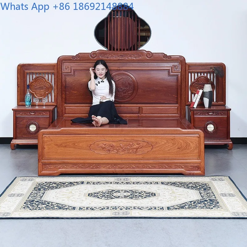 Mahogany Furniture Burmese Rosewood High and Low Bed New Chinese Style Modern Wedding Room Double Bed