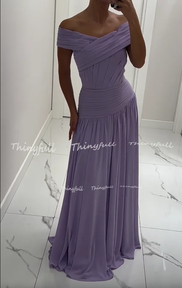 Thinyfull a 라인 쉬폰 댄스 파티 드레스 민소매 오프 숄더 플리츠 이브닝 드레스 비치 휴가 가운 Robe De Soirée Customized