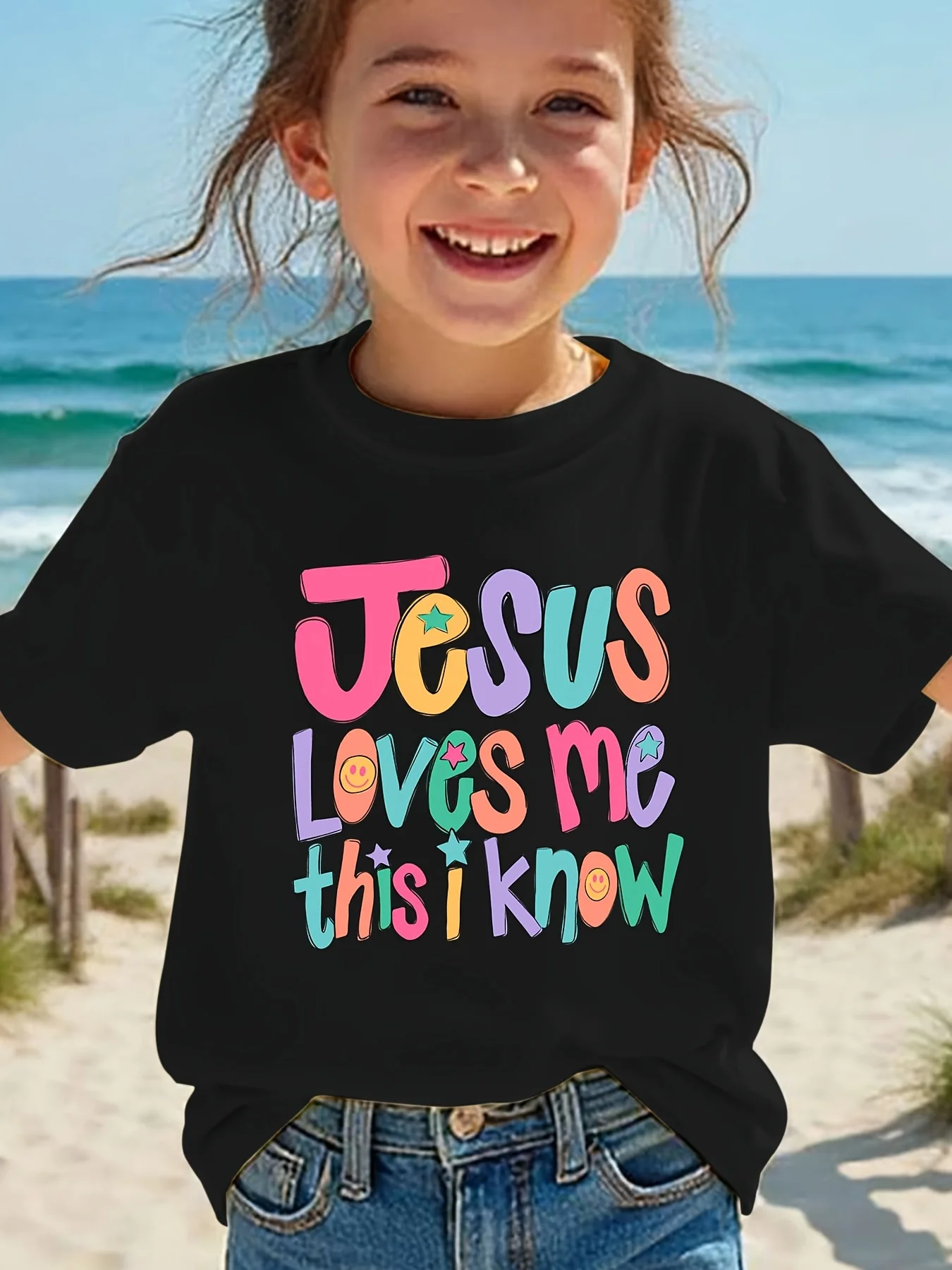Girls Tee Jesus Loves Me This I Know Colorful Letter Star Smile Print Soft Cotton Kids Summer Religious Parent-child T Shirt