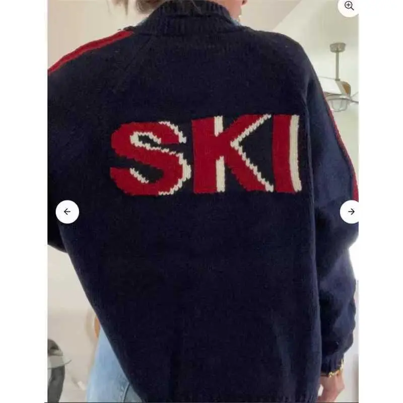 

Combhasaki Women Lapel V Neck Cardigan Coat Y2K Aesthetic Back Letter Pattern Long Sleeve Button-down Knit Sweater with Pockets