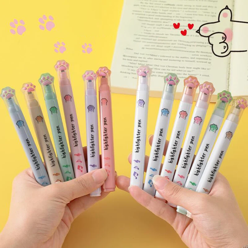 6pcs Creative Cat Claw Marker Pens Kawaii Fluorescent Highlighters Art Markers Korean Stationery Journal Planner Office Supplies