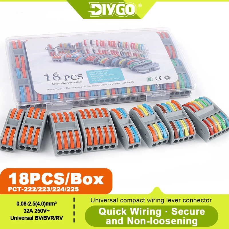 

DIY GO 18Pcs Kit Lever Wire Connectors Compact Splicing Terminals, 2 3 4 5 Way Electrical Connectors for Quick Connect 28-12 AWG