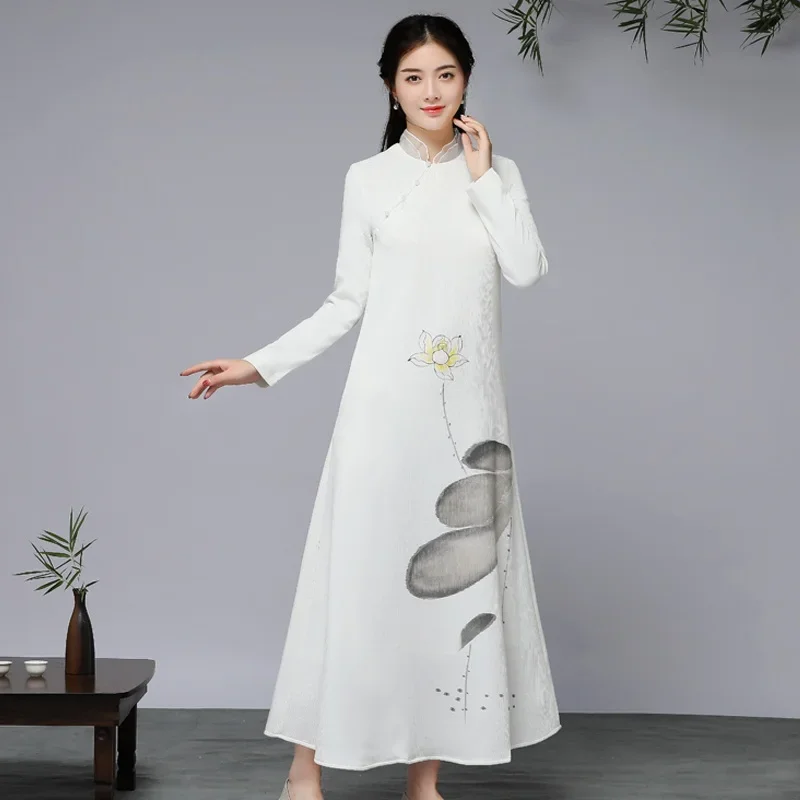 Improved cheongsam retro Tang suit female Spring Autumn Chinese style tribal loose long dress Vietnam clothing 12802