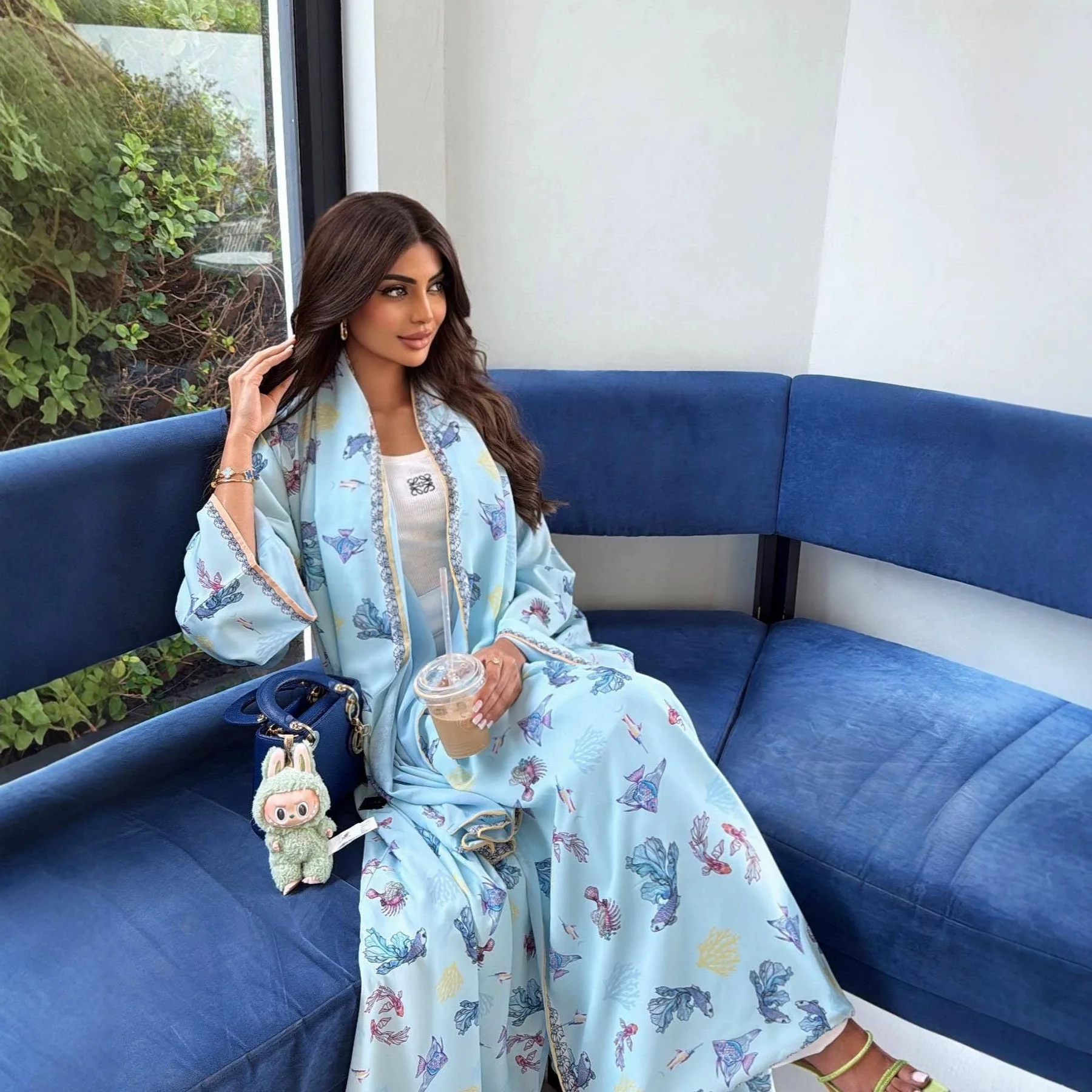 

Eid Elegant Print Open Cardigan Abaya Two Piece Set with Headscarf for Women Dress Jalabiya Ramadan Polyester Long Sleeve Robe