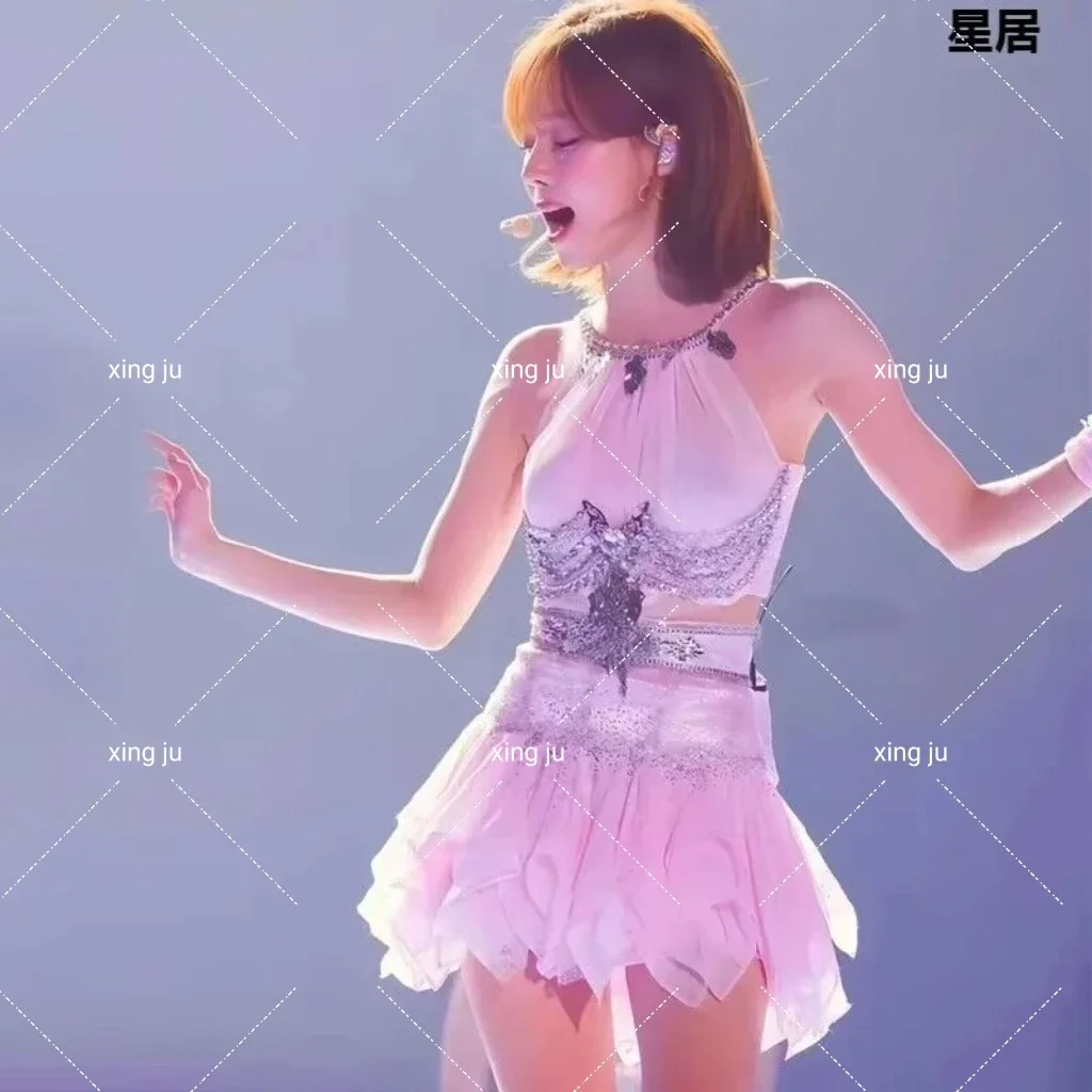 Cantante di gruppo per donne Costume da ballo jazz Discoteca Sexy Paillettes lucide Top con scollo all'americana Gonna sottile Abiti Kpop Abbigliamento per spettacoli teatrali