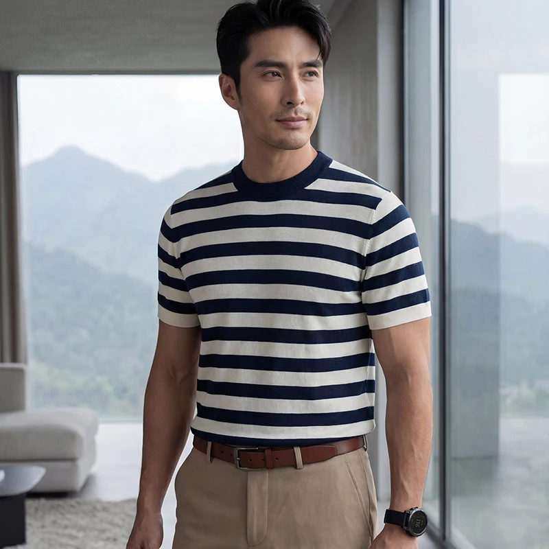 High-End Striped 18-Stitch Fine-Knit Men'S Round-Neck Short-Sleeve Summer Cool Mulberry Silk Knitted T-Shirt Versatile Pullover