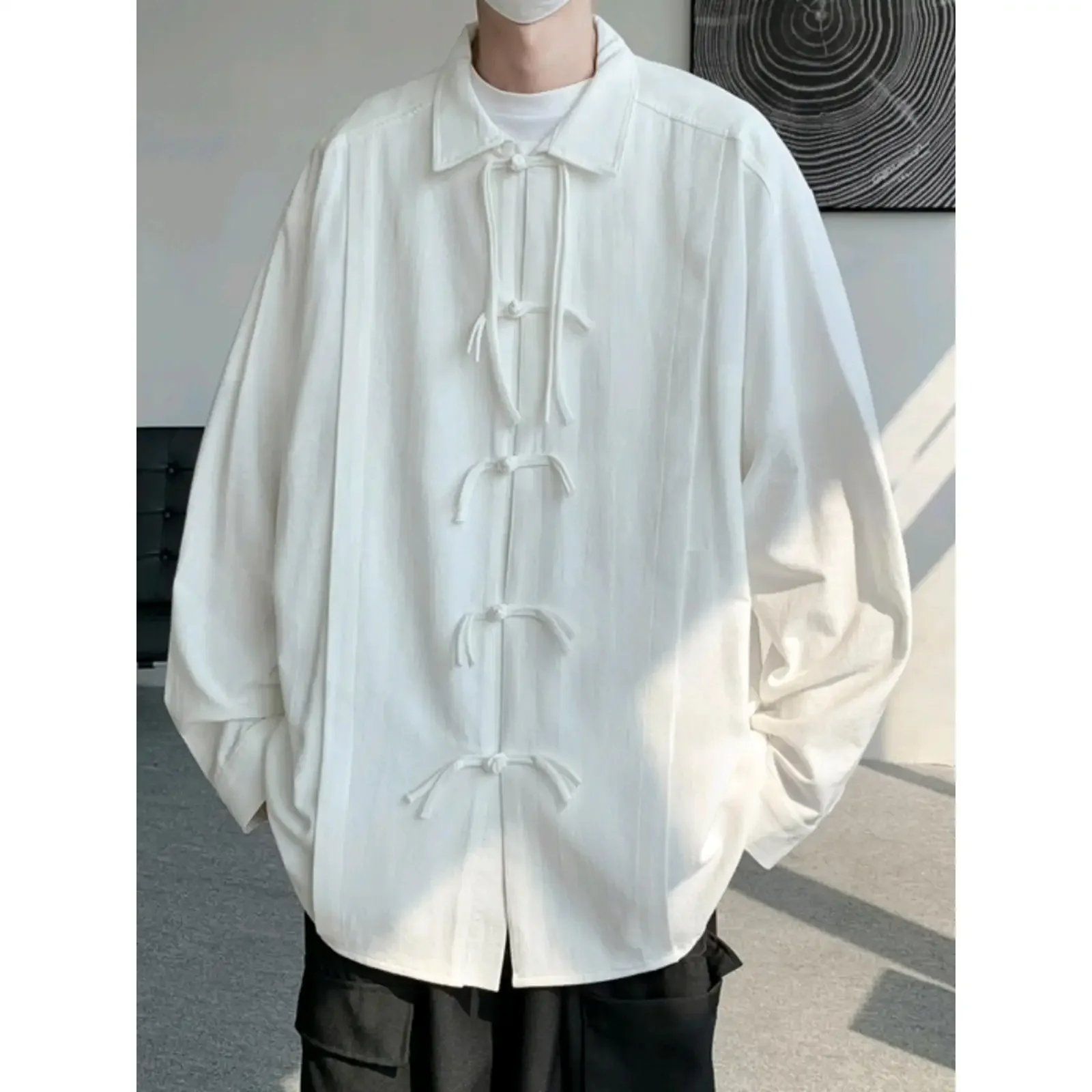 Traditional Chinese Style Men's Long Sleeve Shirt Hanfu White Shirt Trendy Retro Zen Style Daoist Clothing Bookworm Shirt