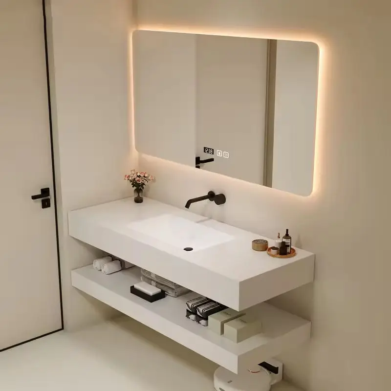 

Custom Sintered Stone Double/ Single Sink Bathroom Vanity Cabinet Floating Type With Ceramic Basin Factory Custom Colors And Pa