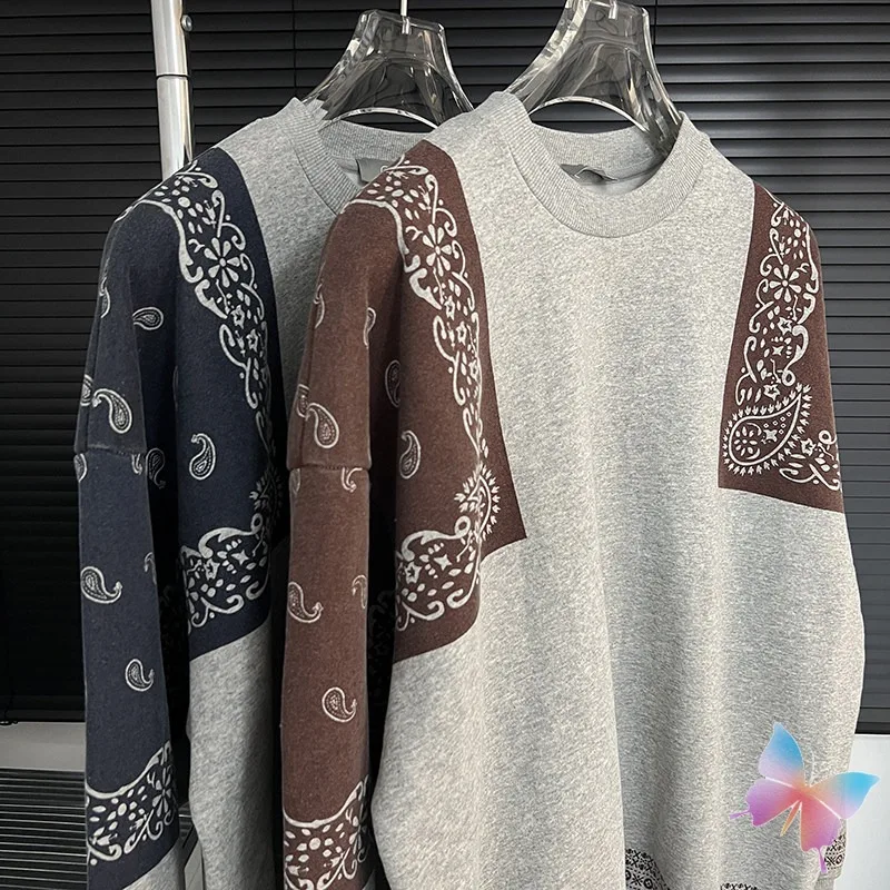 

Splicing Cashew Flowers Kapital Sweatshirt Oversize High Quality Fleece Round Neck Pullover Streetwear Men Women Long Sleeve Top