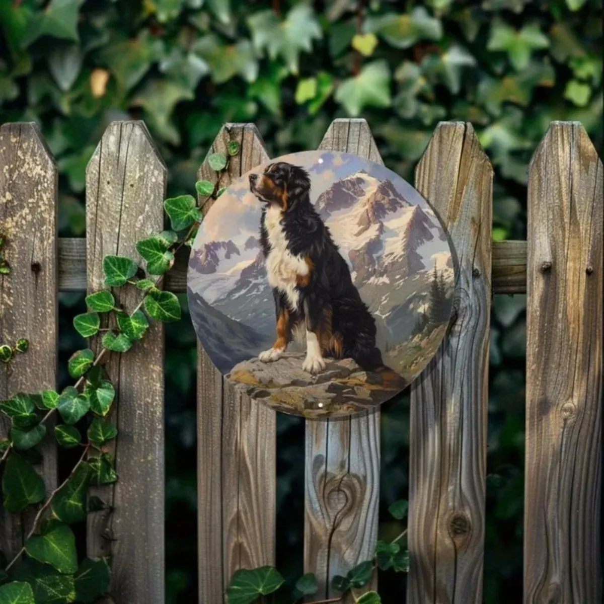 8x8 Inch Round Bernese Mountain Dog Sign - 2D Flat Majestic Mountain, Independence Day Gift, Indoor/Outdoor Decor