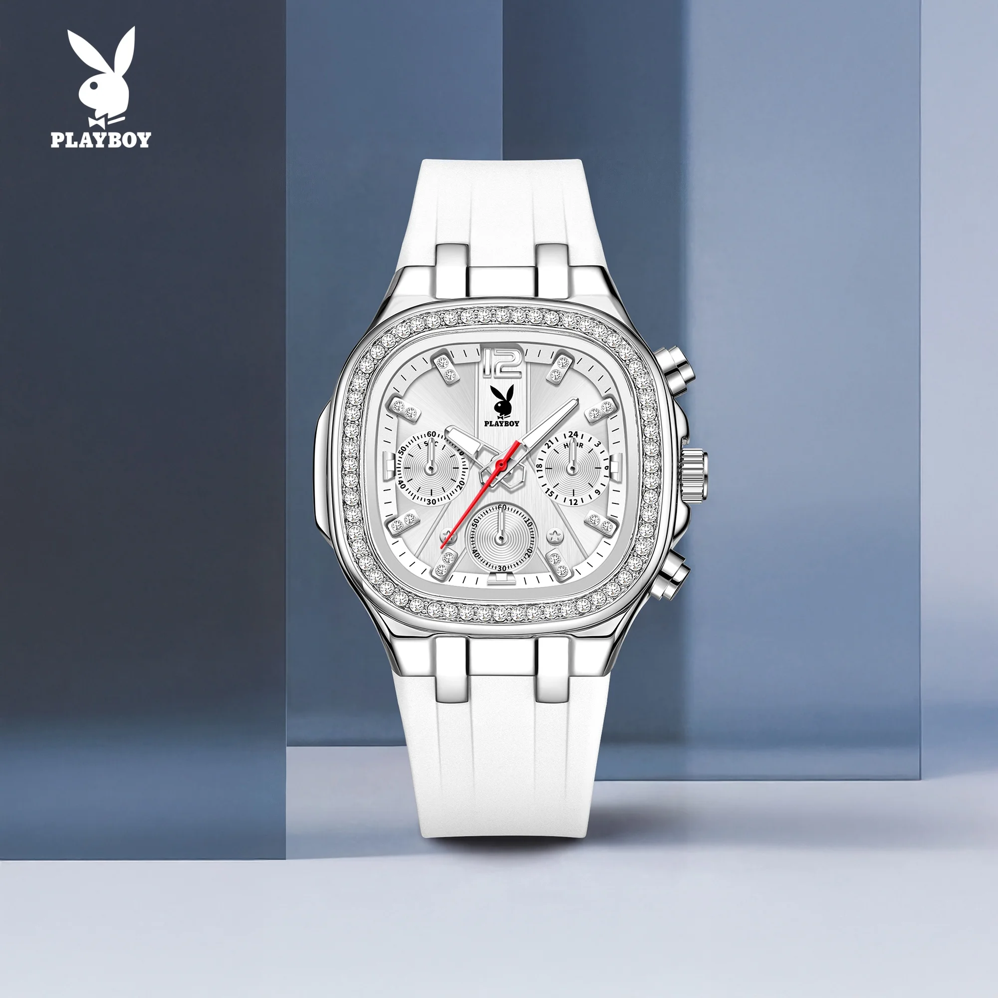 PLAYBOY 3076 Quartz Watch Women Chronograph 24-hour Display Round Dial Silicone Strap HD Luminous Function 30m Waterproof Watch