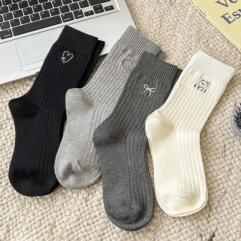 1/7 pairs women's pur tube socks autumn winter Internet celebrities ins tide embroidery love bow cartoon cotton stacking socks