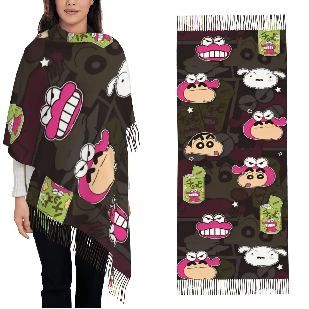 Crayon Shin-chan Chocobi bufanda de galletas para mujer, chales de Cachemira, chal largo y grande de Anime, vestido de noche, invierno, otoño