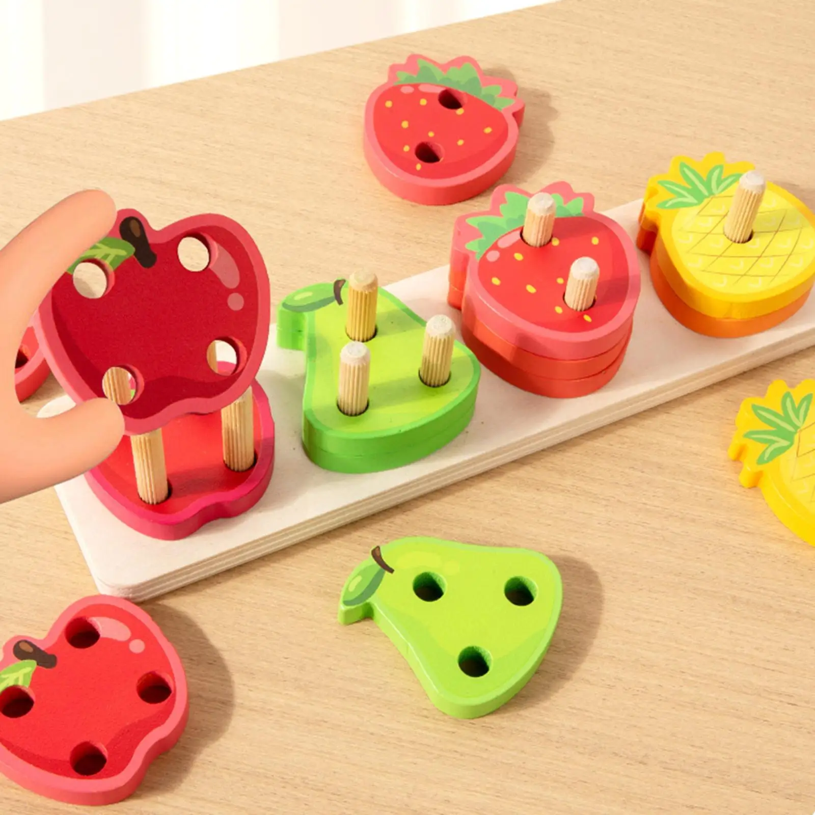 Blocs de reconnaissance de couleur en forme de faveur de fête, jouet empilable de tri en bois de fruits