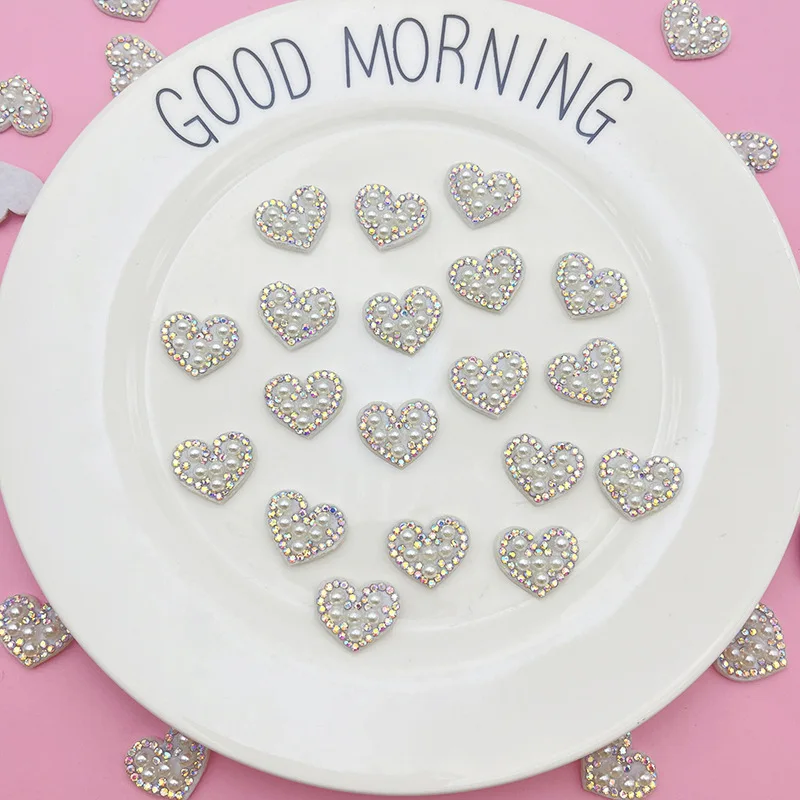 New fabric white pearl peach heart hot stamping heart-shaped pearl AB diamond DIY hair clothing bags women accessories wholesale
