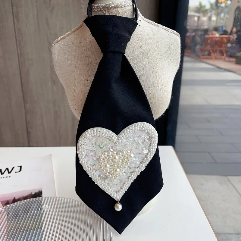 Pearl Heart Shapes Embroidery Necktie Bowtie Handmade Jewelry Korean Women's College Style Uniform Suit Shirt Accessories Ties