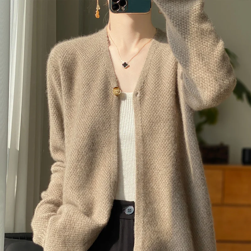 Women New Autumn Winter 100% Merino Wool Sweater V-neck One Button Cardigan Soft Knitwear Elegant Female Exquisite Clothing Tops