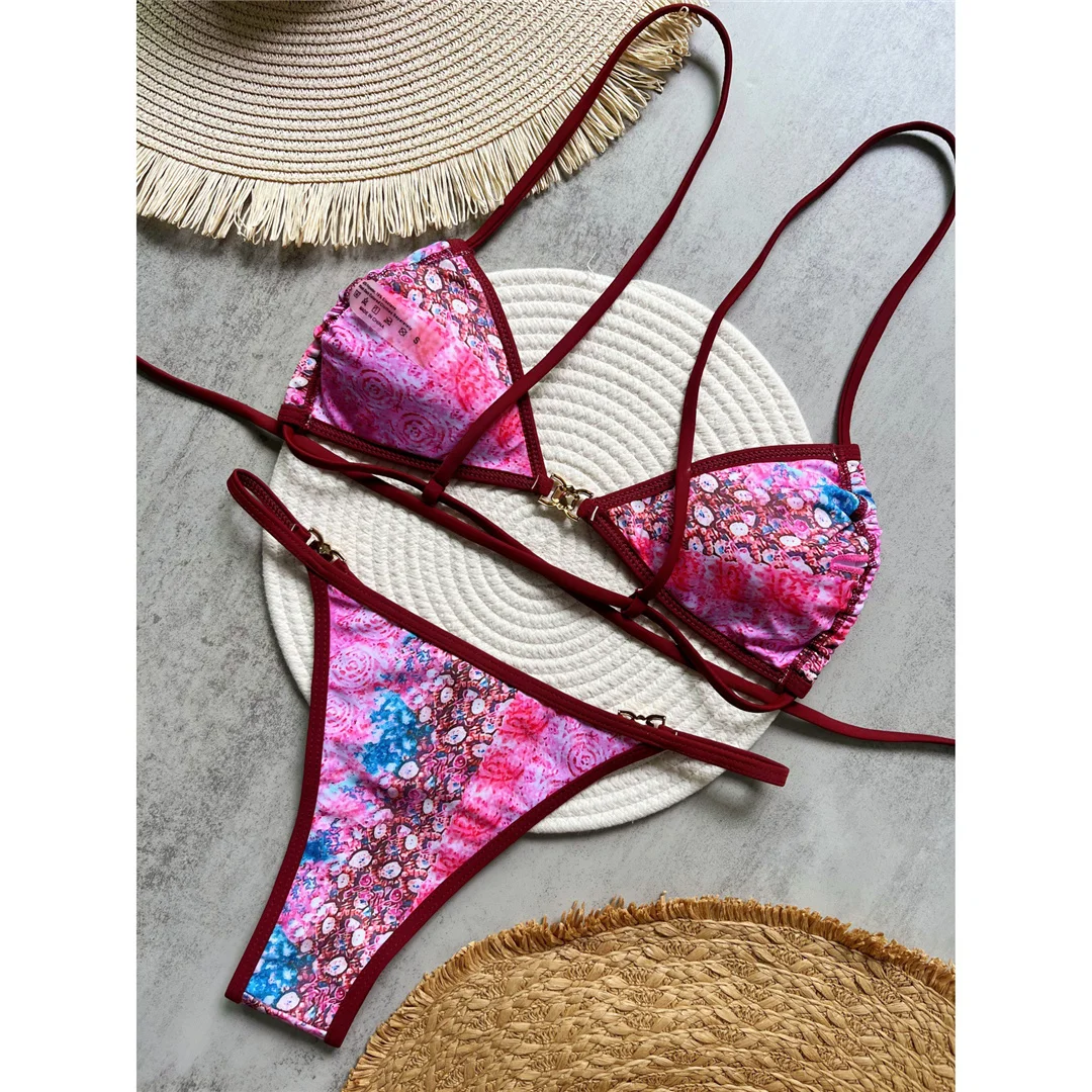 Bedruckter, mit Strasssteinen besetzter, hoch geschnittener Bikini, Damen-Badebekleidung, zweiteiliger Bikini, Badeanzug, Badebekleidung, Modell V6153. – Detail 10