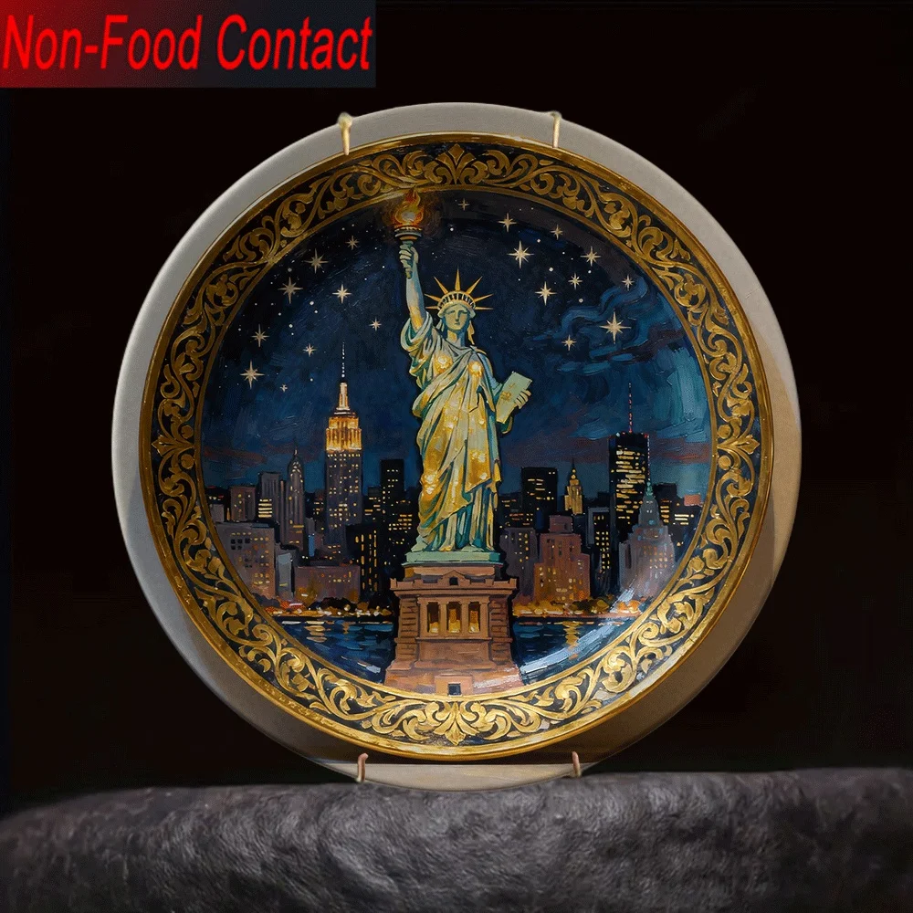 1pc Ceramic Statue of Liberty New York Night Skyline Decorative Plate - Round Non-Food Contact Ornamental Plate for Home,