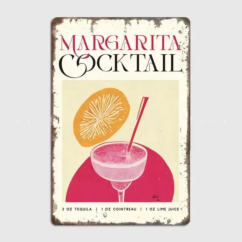 Placa de metal de estilo vintage de receta de cóctel de Margarita con ilustraciones estéticas clásicas para decoración de pared en habitación, bar, garaje