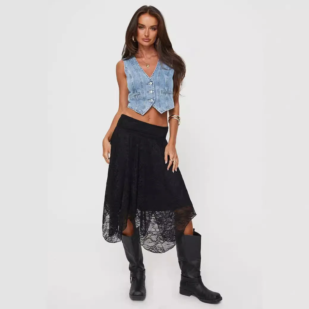 ONE TO WAN Women's Solid Color Midi Skirts Lace Elastic High Waist Skirts Spring Summer Sweet Irregular Hem Casual Skirts
