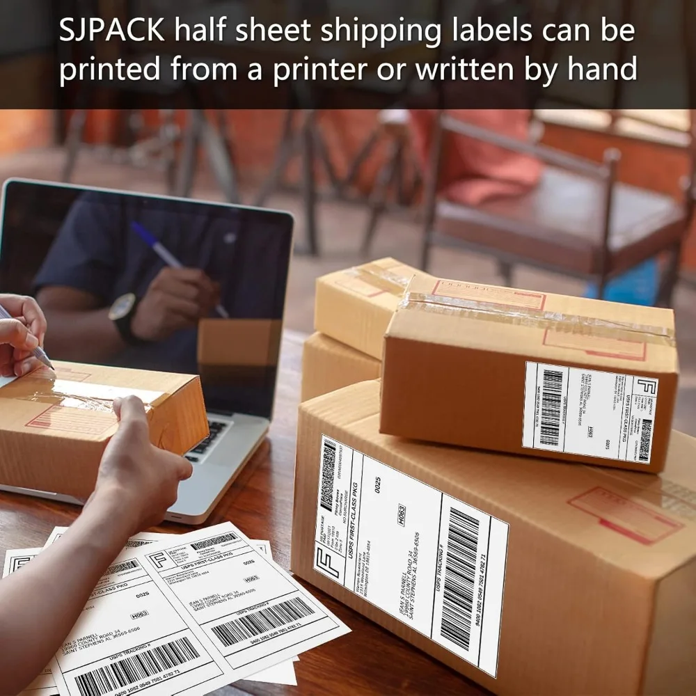 SJPACK 반쪽 페이지 자가 접착 배송 라벨, 8.5 x 5.5 인치, 레이저 및 잉크젯 프린터 호환, 시트당 라벨 2개