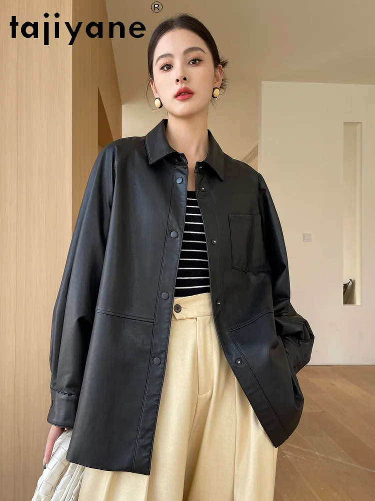 TAJIYANE Genuine Vegetable‑Tanned Sheepskin Leather Jacket Woman Mid‑Length Trench Coat Casual Loose Shirt 2026 Women Clothes 자켓