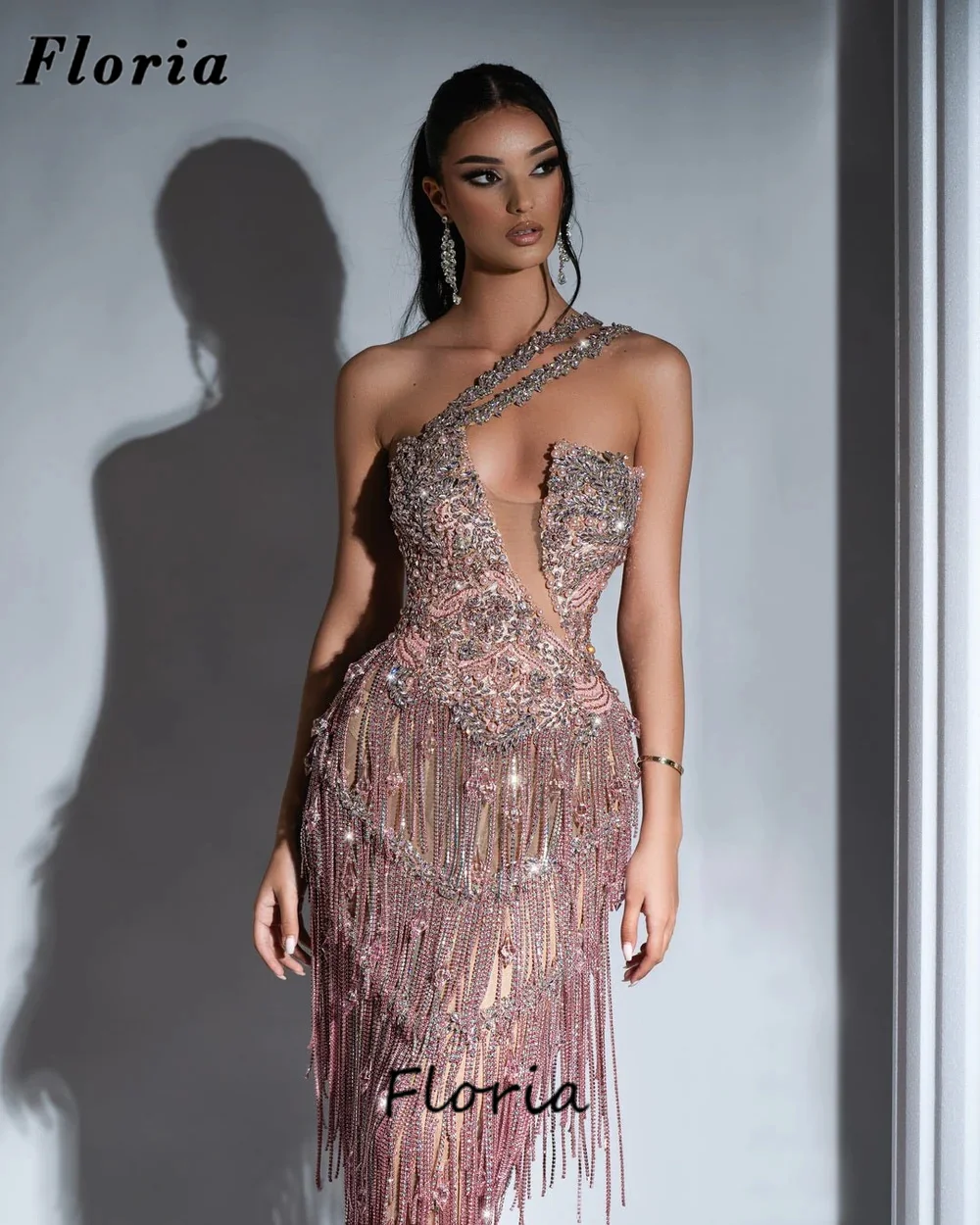 Customized Pink Beading Celebrity Dresses One Shoulder Evening Dresses Vestidos De Gala Tassel Crystals Wedding Party Gowns 2024