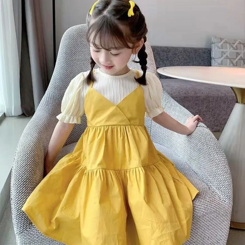 

Fashionable Summer Dress for Girls Princess Short Sleeve Fake Two-Piece Children's Clothing New Style Kids' Dress