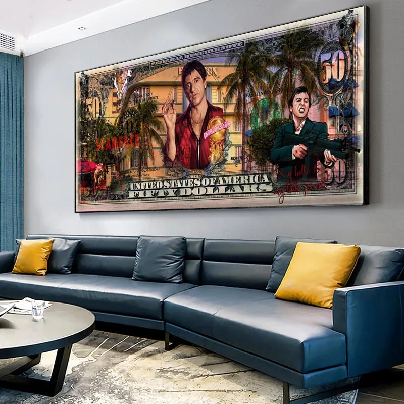 Affiches de film Scarface « Salut à mon petit ami » Tony Montana, tableaux sur toile, impression 50 dollars, art mural, décoration intérieure, œuvre d'art