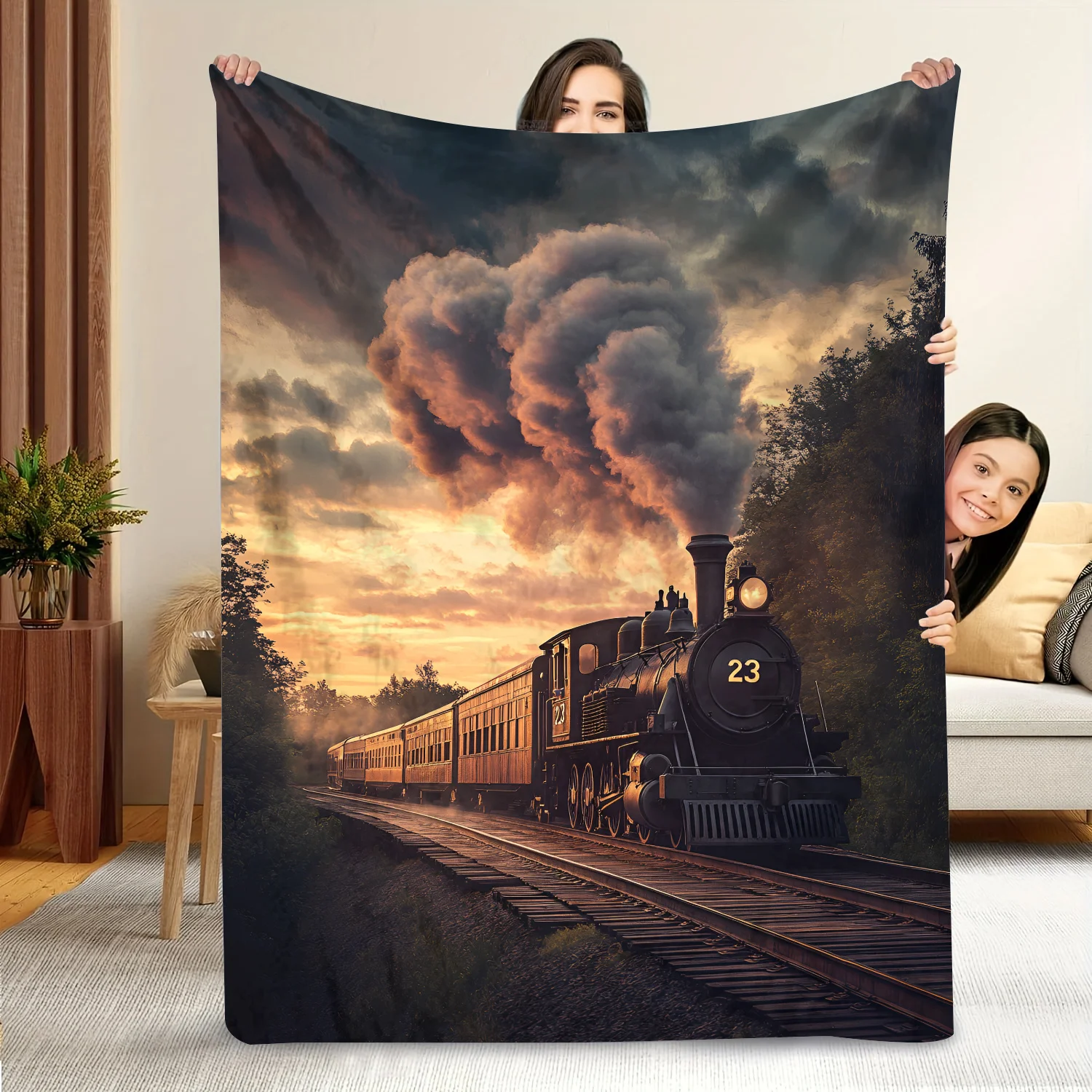 Steam Train on Tracks Pattern Printed Blanket Gift, Soft Flannel Throw Blanket, 1pc