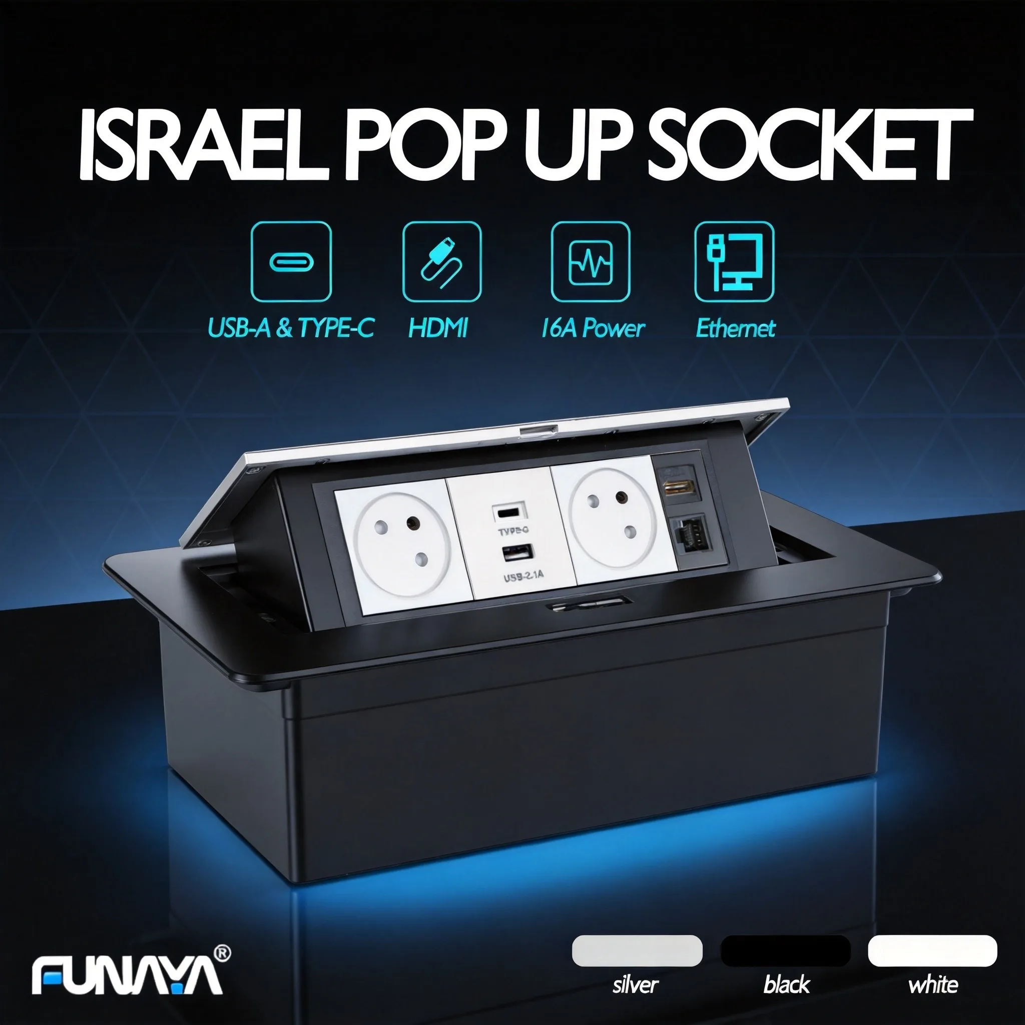 

FUNAYA IL Pop Up Desktop Israel Socket Built-in Table Outlet with USB Type C HDMI Ethernet Countertop Power Recessed Sockets