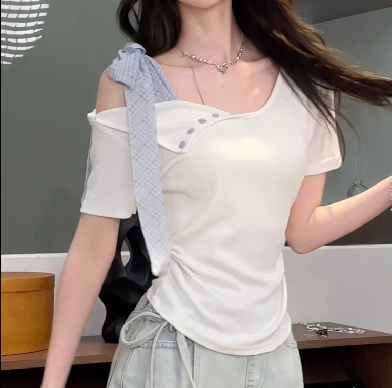 

Women's Urban Elegant Top 2025 Spring Summer Latest Style Irregular Strap Bow Short Sleeve Versatile Simple T-Shirt for Use