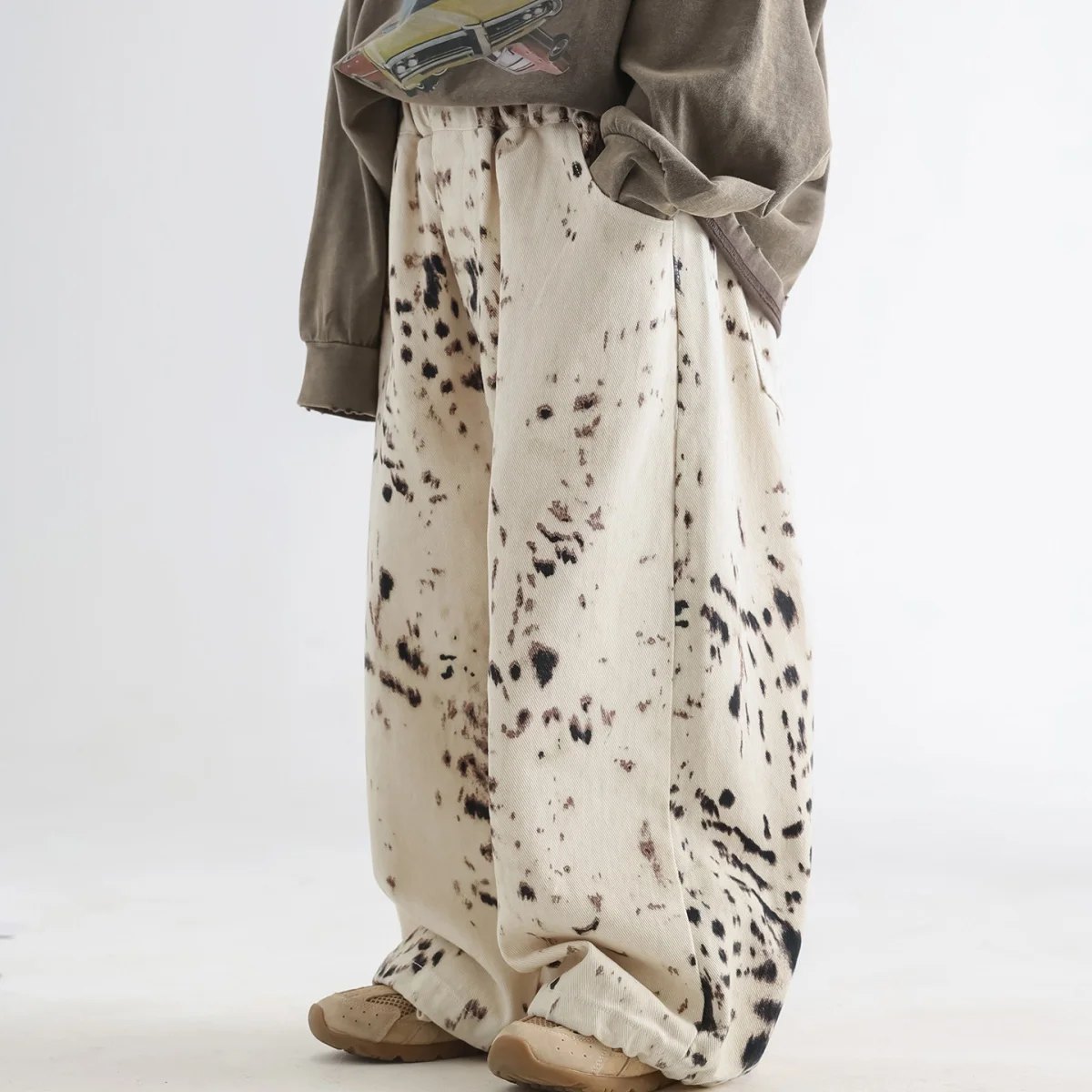 2025 Korean Style 2-8Y Boys Jeans Spring Autumn Kids Apricot Leopard Print Casual Wide Leg Pants Children Versatile Trousers
