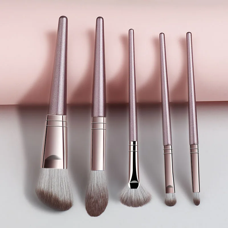 Ensemble de pinceaux de maquillage avec manche en bois, 5 pièces, avec poils souples et embouts en aluminium, pinceaux pour fard à joues et fard à paupières, pour cosmétiques professionnels