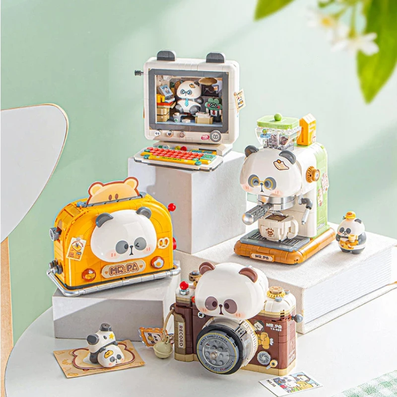Loz Mr Pa Mini-Actionfigur Panda Haushaltsgeräte-Modell Kaffeemaschine Kamera Ornament DIY Montage Schreibtisch-Deko Geschenk