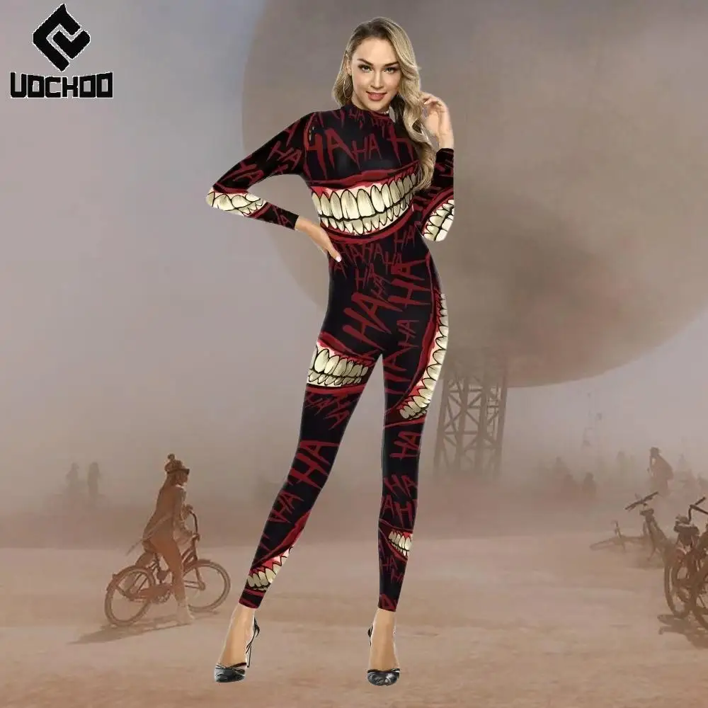 

Halloween Jumpsuit Scary Smiley Patterns Bodysuit Festival Cosplay Costume Desert Carnival Outfit Adult Burning Man Costume